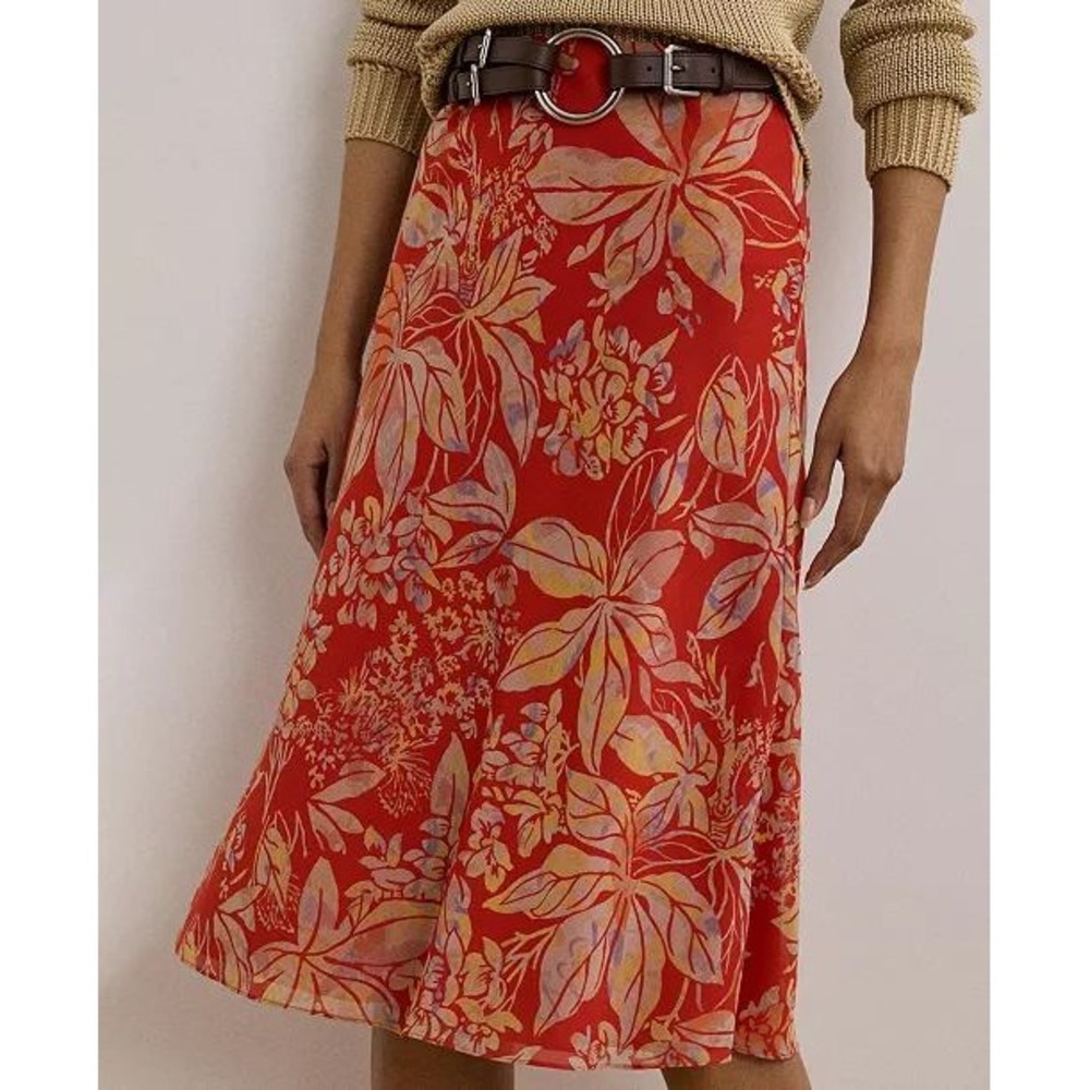 Lauren Ralph Lauren Orange Tropical Floral Midi Skirt Size 8 Beach Resort - Picture 2 of 9